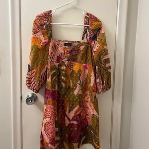 Tropical Mini Dress with Puff Sleeves